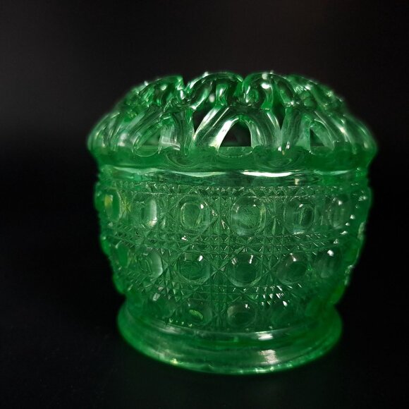 Imperial Glass Green Uranium Glass Bowl Open Lace Edge Cane Button Vintage - Picture 6 of 13